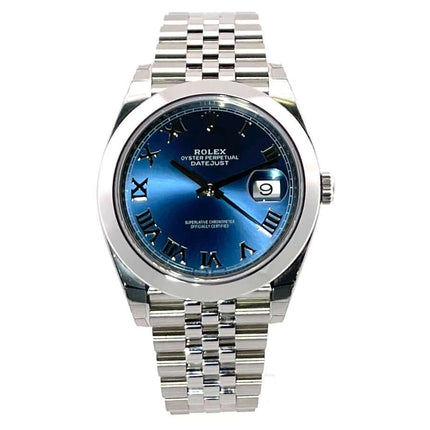 Rolex Datejust 41 Oystersteel 126300 blau Römisch Zifferblatt, Edelstahlgehäuse und Jubile-Band, Automatikwerk, Datumsanzeige.