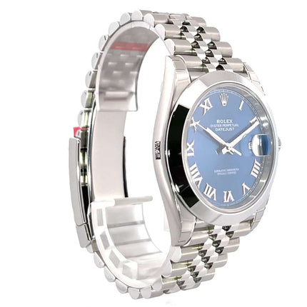 Rolex Datejust 41 Ref. 126300 Uhr in Oystersteel mit blauem Zifferblatt, römischen Ziffern und Jubile-Band aus Edelstahl, seitliche Ansicht