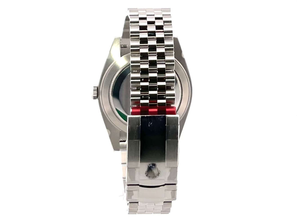 Rückseite der Rolex Datejust 41 Ref. 126300 mit Edelstahl Gehäuse, glänzendem Jubile-Band und Faltschließe.