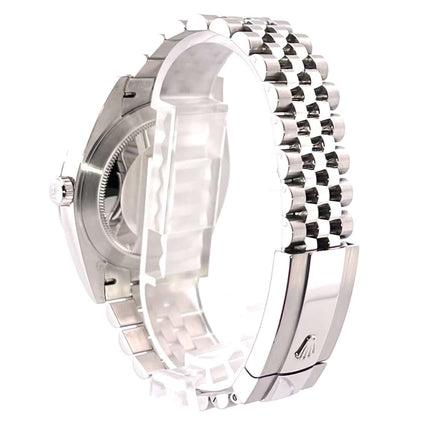 Edelstahl Gehäuse und Jubile Armband der Rolex Datejust 41, Modell 126300, mit polierter Lünette und Faltschließe, Seitenansicht.