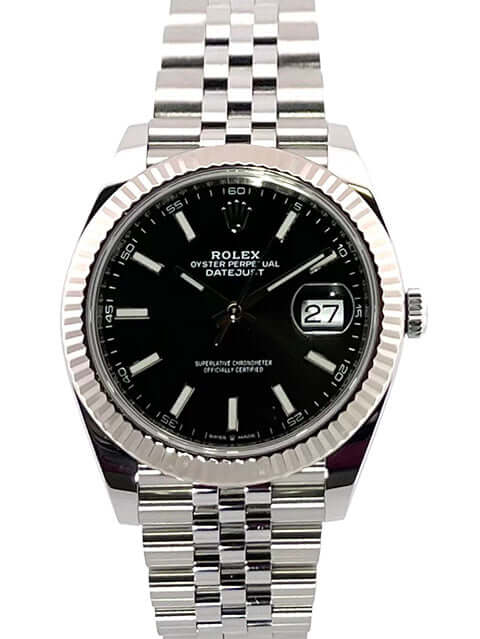 Rolex Datejust 41 Edelstahl 126300 mit schwarzem Zifferblatt und Jubiläumsarmband aus Edelstahl, poliert und satiniert, aus 2020