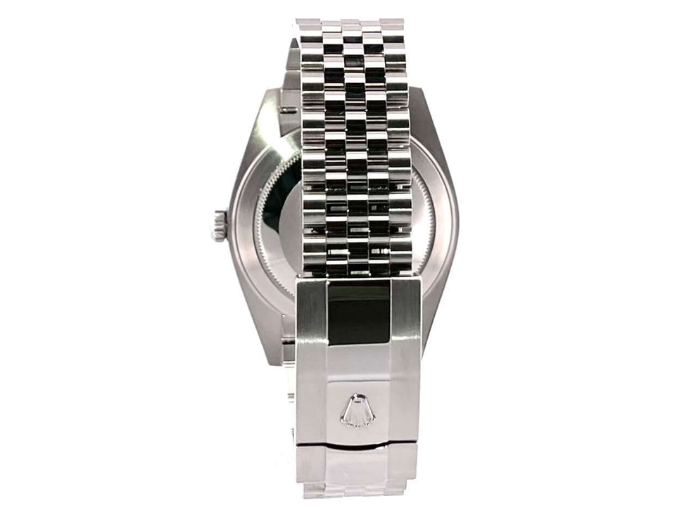 Rückansicht der Rolex Datejust 41 Edelstahl 126300 Schwarz mit Jubile-Edelstahlband und Faltschließe.