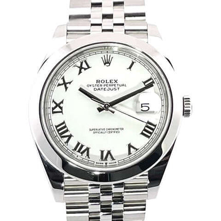 Rolex Datejust 41 126300 mit weißem Zifferblatt und römischen Ziffern, Edelstahlgehäuse und Jubile-Band, LC100, Automatikwerk.