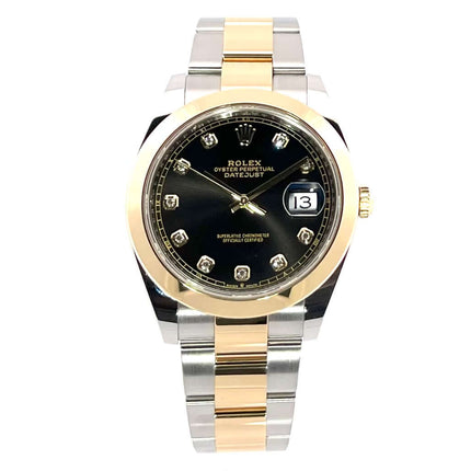 Rolex Datejust 41 Edelstahl Gelbgold 126303, schwarzes Zifferblatt mit Diamanten, polierte Gelbgold-Lünette, Oyster Armband aus Edelstahl/Gelbgold