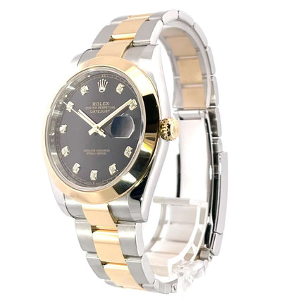 Rolex Datejust 41 Edelstahl Gelbgold 126303 Schwarz Zifferblatt mit Diamanten, polierte 18k Gelbgold Lünette, Oyster Armband.