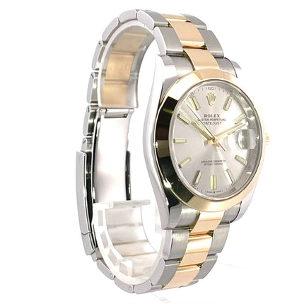 Rolex Datejust 41 Edelstahl Gelbgold Ref. 126303 Silber mit polierter 18 kt Gelbgold Lünette und Oyster Armband, seitlich Ansicht
