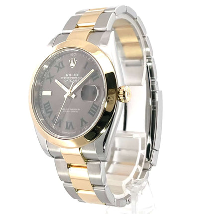 Rolex Datejust 41 Edelstahl Gelbgold 126303, schiefergraues Zifferblatt, römische Ziffern, Oyster Armband, 18kt Gelbgold Lünette.