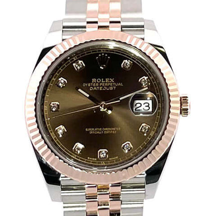 Rolex Datejust 41 Edelstahl Everose-Gold 126331, Schokoladenfarbenes Diamantzifferblatt, Jubile-Armband, edel und elegant.