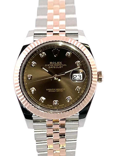 Rolex Datejust 41 Edelstahl Everose-Gold 126331, Schokoladenfarbenes Diamantzifferblatt, Jubile-Armband, edel und elegant.