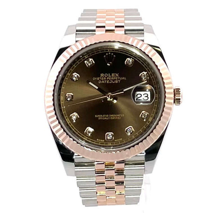 Rolex Datejust 41 Edelstahl Everose-Gold 126331 mit Schokoladenzifferblatt und Diamanten, Jubilé-Armband, aus dem Jahr 2016.