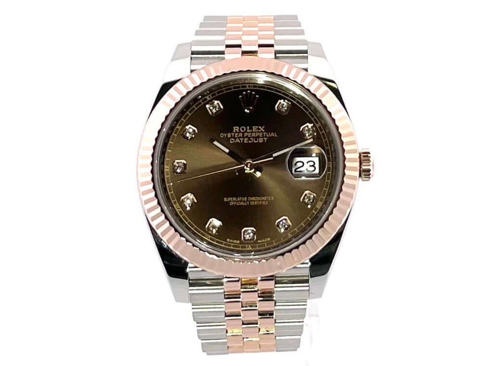 Rolex Datejust 41 Edelstahl Everose-Gold 126331 mit Schokoladenzifferblatt und Diamanten, Jubilé-Armband, aus dem Jahr 2016.