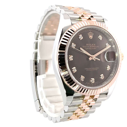 Rolex Datejust 41 Edelstahl Everose-Gold 126331 Choco Diamant Jubile-Band, poliertes und satiniertes Edelstahlgehäuse, schokoladenfarbenes Zifferblatt.