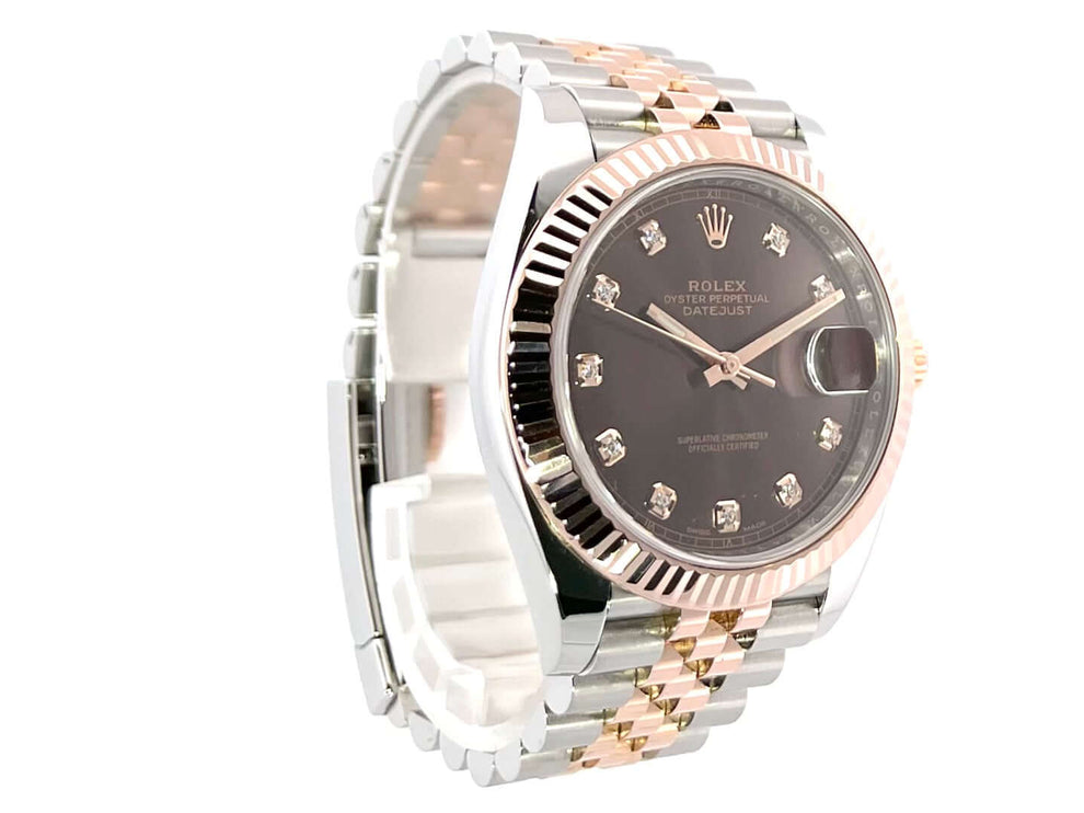 Rolex Datejust 41 Edelstahl Everose-Gold 126331 Choco Diamant Jubile-Band, poliertes und satiniertes Edelstahlgehäuse, schokoladenfarbenes Zifferblatt.