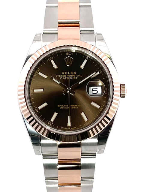 Rolex Datejust 41 Edelstahl Everose-Gold Ref. 126331 Choco Uhr, 41 mm Gehäuse, braunes Zifferblatt, Everose-Gold Lünette und Armband.