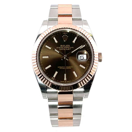 Rolex Datejust 41 Edelstahl Everose-Gold 126331 Choco Oyster-Band mit geriffelter 18 kt Gold-Lünette und Choco Zifferblatt.