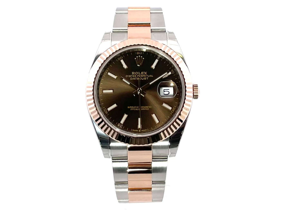 Rolex Datejust 41 Edelstahl Everose-Gold 126331 Choco Oyster-Band mit geriffelter 18 kt Gold-Lünette und Choco Zifferblatt.