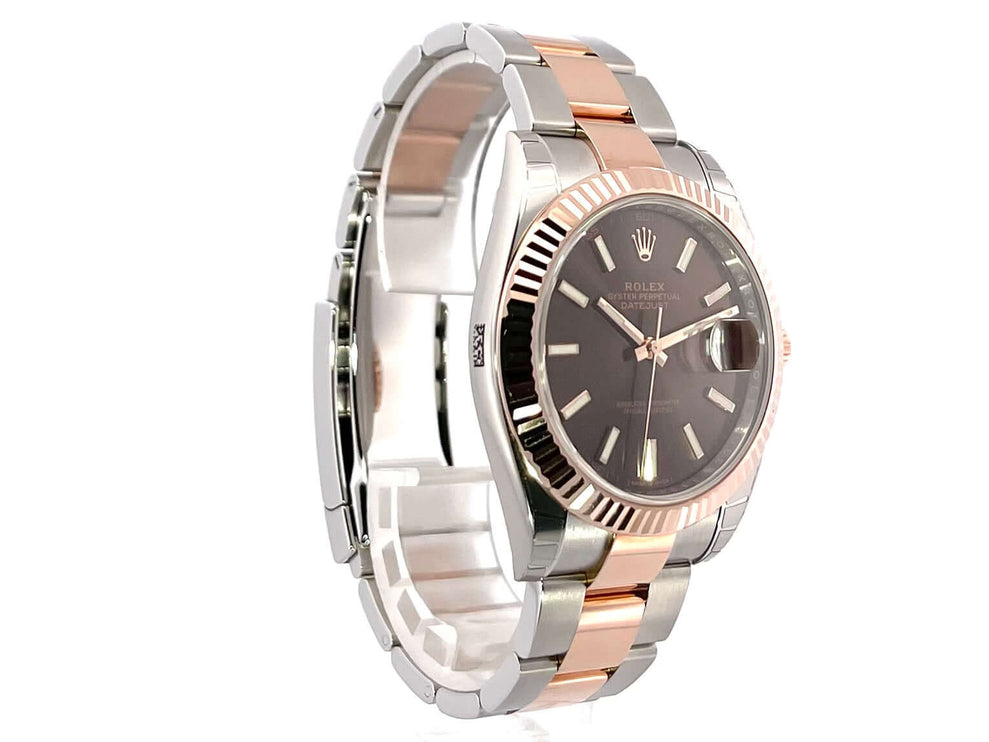 Rolex Datejust 41 Edelstahl Everose-Gold Ref. 126331 Choco, poliertes und satiniertes Gehäuse und Armband, Choco Zifferblatt, 18 kt Everose-Gold Lünette