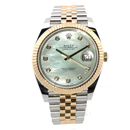 Rolex Datejust 41 Edelstahl Gelbgold Ref. 126333 mit Perlmutt Zifferblatt und Diamanten, Jubile-Armband, 41 mm Gehäusedurchmesser.
