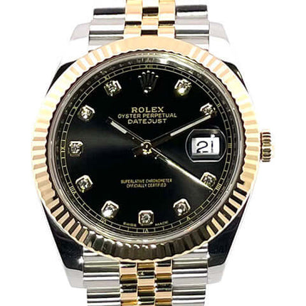 Rolex Datejust 41 Edelstahl Gelbgold Ref. 126333 mit schwarzem Zifferblatt, Diamanten und Jubile-Armband.