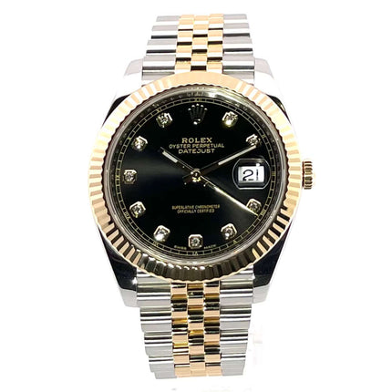 Rolex Datejust 41 Edelstahl Gelbgold Ref. 126333, schwarzes Zifferblatt mit Diamanten, Jubile-Armband, 41 mm Gehäuse, Automatikwerk.