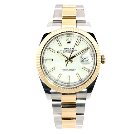 Rolex Datejust 41 Edelstahl Gelbgold Ref. 126333 Weiß 2017 mit Oyster Armband und polierter 18 kt Gelbgold Lünette, automatisches Uhrwerk.