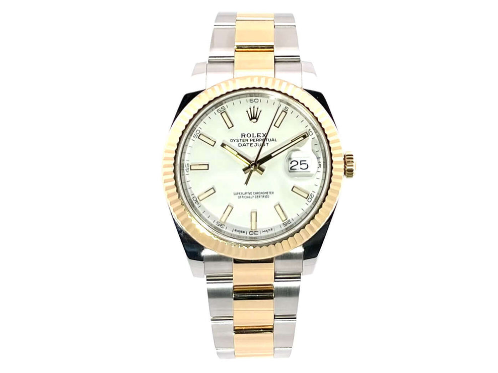 Rolex Datejust 41 Edelstahl Gelbgold Ref. 126333 Weiß 2017 mit Oyster Armband und polierter 18 kt Gelbgold Lünette, automatisches Uhrwerk.
