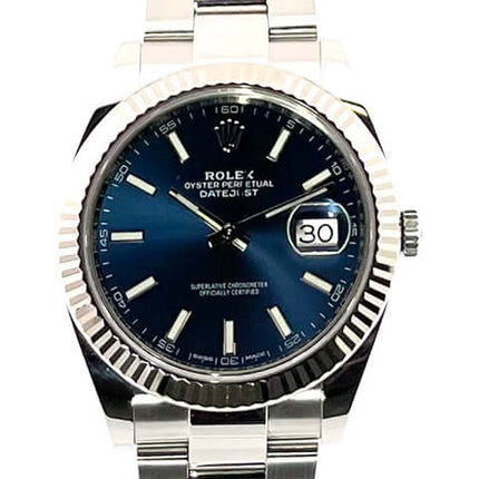 Rolex Datejust 41 Edelstahl Weißgold 126334 mit blauem Zifferblatt und Oyster-Band, 2017 Modell mit 41 mm Gehäuse und Datumsanzeige