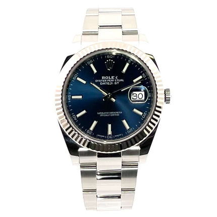 Rolex Datejust 41 Edelstahl Weißgold 126334 blaues Zifferblatt Oyster-Band, poliertes & satiniertes Edelstahlgehäuse, 18 kt Weißgold Lünette.