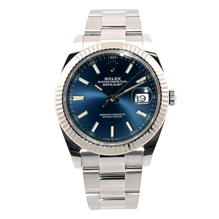 Rolex Datejust 41 Ref. 126334 Edelstahl und Weißgold mit blauem Zifferblatt und Oysterband, Jahr 2021, Leuchtindizes und Chronometer.