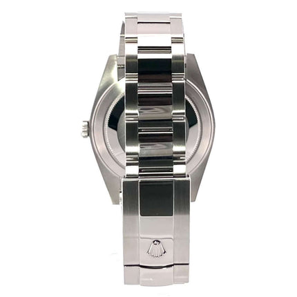 Rückseite der Rolex Datejust 41 Edelstahl Weißgold 126334 mit poliertem Oysterband.