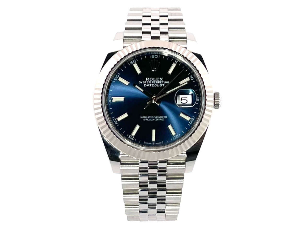 Rolex Datejust 41 Edelstahl Weißgold 126334 mit blauem Zifferblatt und Jubile-Band aus Edelstahl, 2020 Modell.