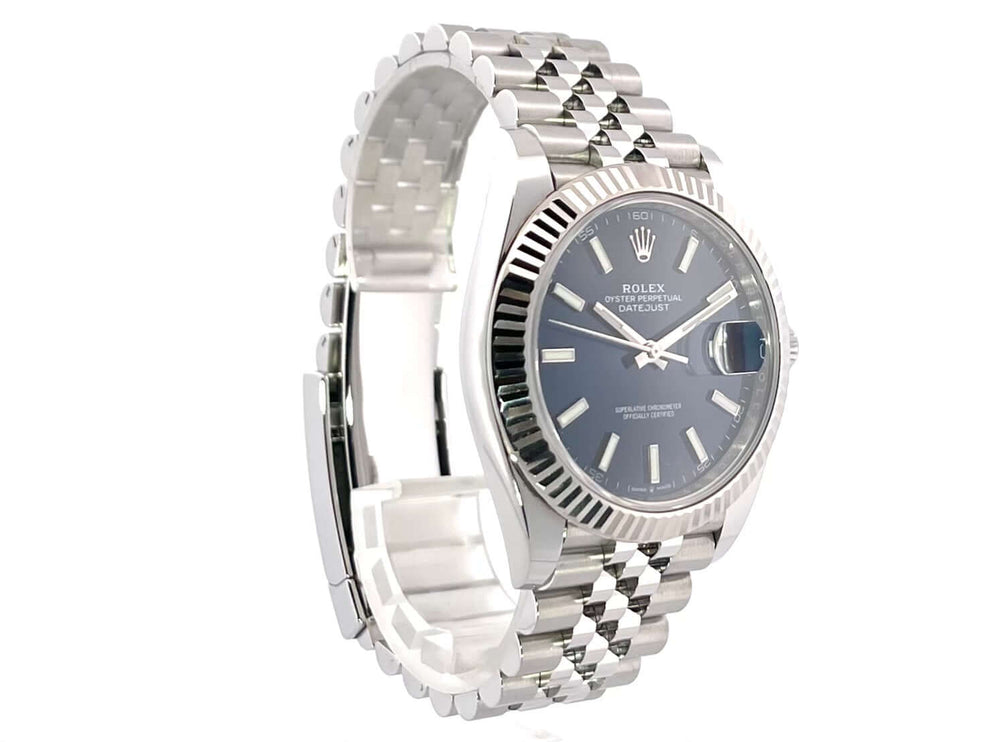 Rolex Datejust 41 126334 Edelstahl Weißgold Blaues Zifferblatt Jubile-Band, poliertes und satiniertes Gehäuse, 41 mm Lünette aus 18 kt Weißgold
