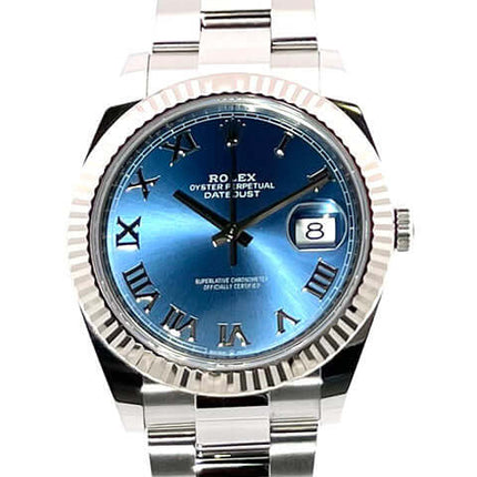 Rolex Datejust 41 Ref. 126334, Edelstahl und Weißgold, blaues Zifferblatt mit römischen Zahlen, Oyster-Band, 2022.