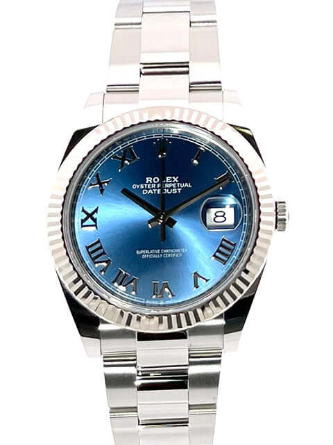 Rolex Datejust 41 Ref. 126334, Edelstahl und Weißgold, blaues Zifferblatt mit römischen Zahlen, Oyster-Band, 2022.