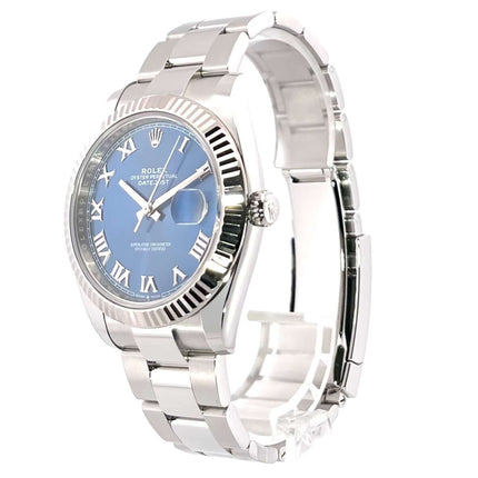 Rolex Datejust 41 Ref. 126334 in Edelstahl und Weißgold mit blauem Zifferblatt und römischen Ziffern, Oyster-Band, 2022 Modell