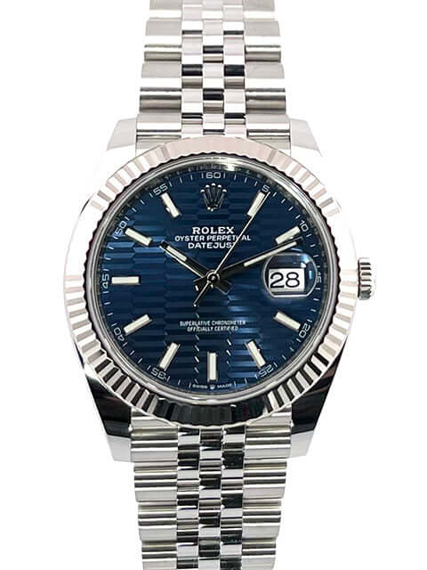 Rolex Datejust 41 Edelstahl Weißgold 126334 Blaues Riffelmuster-Jubile-Band, 41 mm Gehäuse, geriffelte Lünette, blaues Zifferblatt