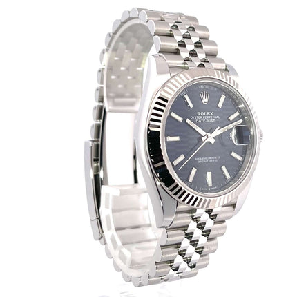 Rolex Datejust 41 126334 Edelstahl Weißgold Blau Riffelmuster Zifferblatt mit Jubile-Band, Automatikwerk Kaliber 3235, 70 Stunden Gangreserve.