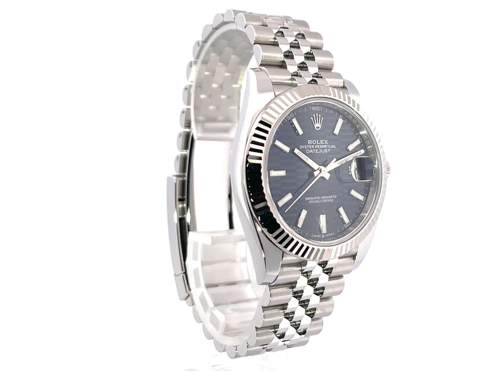 Rolex Datejust 41 126334 Edelstahl Weißgold Blau Riffelmuster Zifferblatt mit Jubile-Band, Automatikwerk Kaliber 3235, 70 Stunden Gangreserve.