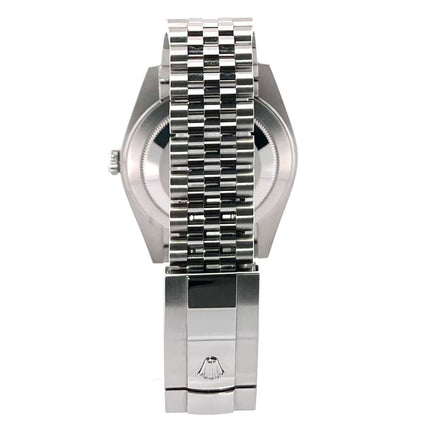 Rückansicht eines Rolex Datejust 41 Edelstahluhrgehäuses mit geriffeltem Muster und Jubile-Armband aus poliertem und satiniertem Edelstahl.