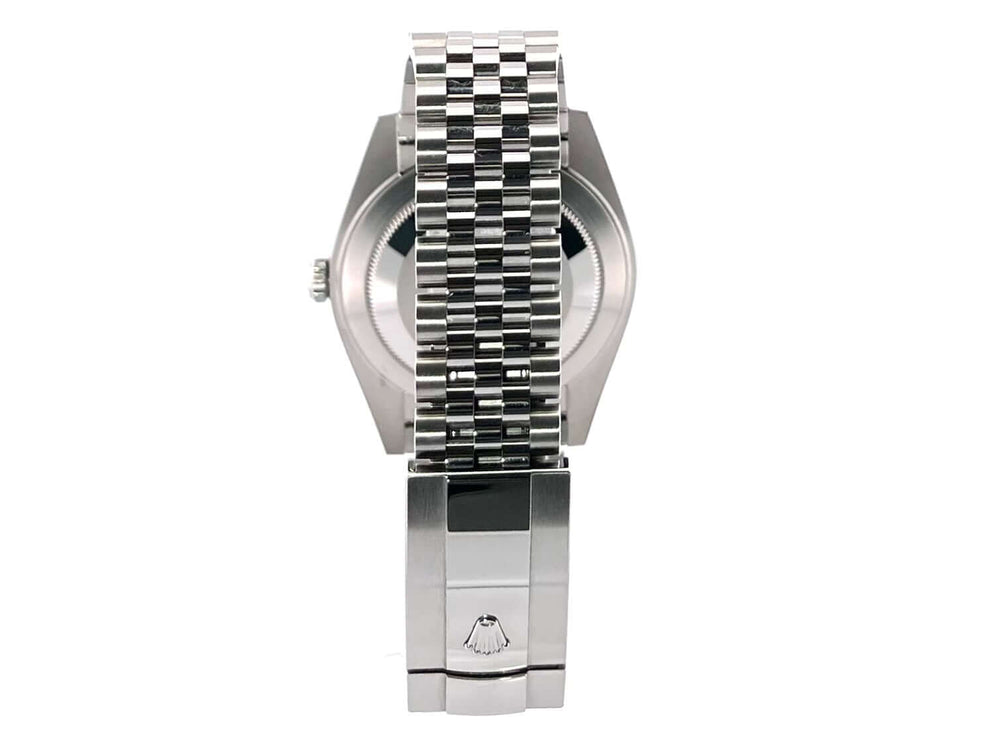Rückansicht eines Rolex Datejust 41 Edelstahluhrgehäuses mit geriffeltem Muster und Jubile-Armband aus poliertem und satiniertem Edelstahl.
