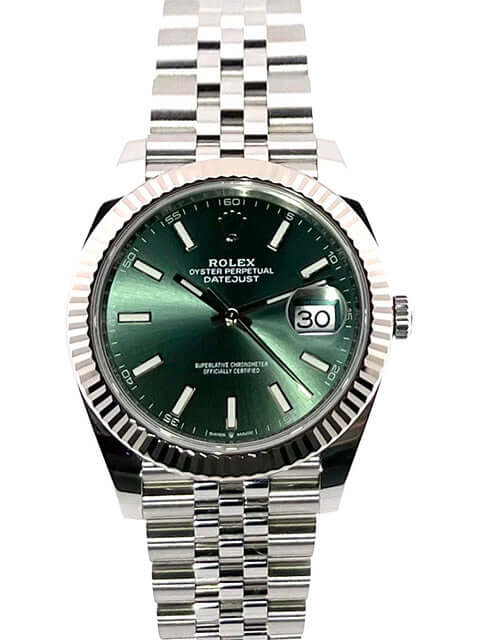 Rolex Datejust 41 Edelstahl Weißgold 126334 mit mintgrünem Zifferblatt und Jubilé-Armband, poliert und satiniert, 41mm Gehäuse
