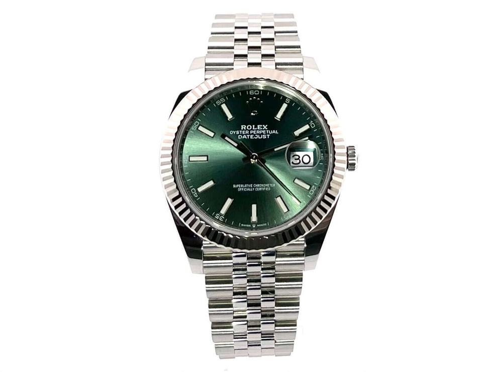 Rolex Datejust 41 Edelstahl Weißgold 126334 mit mintgrünem Zifferblatt und Jubile-Band, poliert und satiniert, 41 mm Gehäuse.