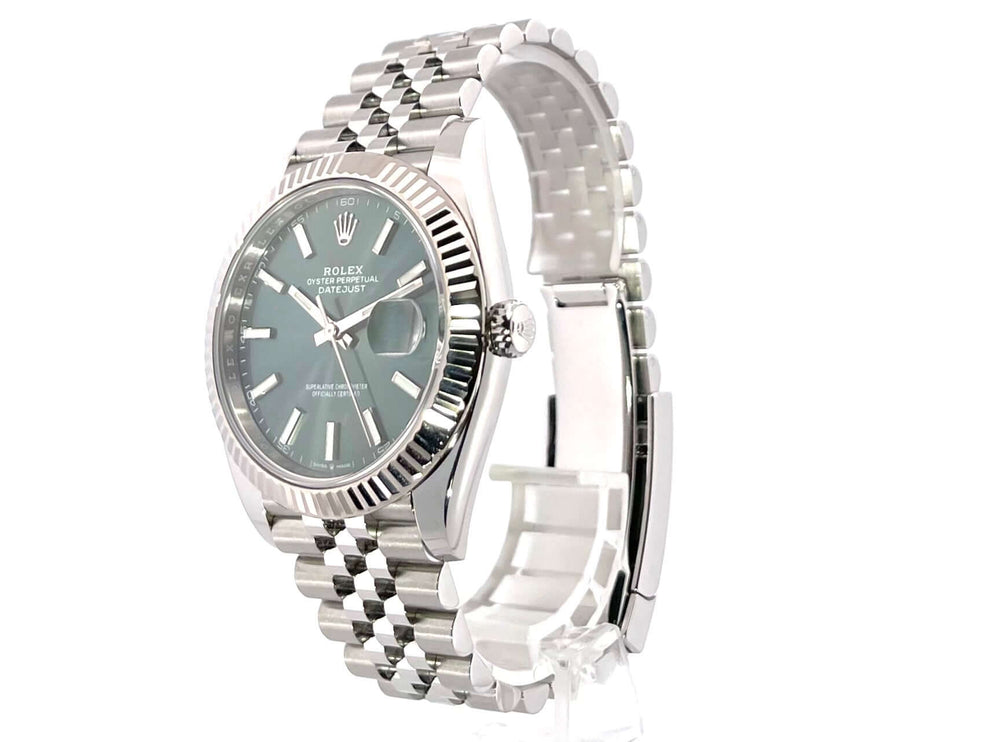 Rolex Datejust 41 126334 mit mintgrünem Zifferblatt und Jubilé-Band, Gehäuse aus Edelstahl, Weißgold-Lünette, Automatikwerk, 70 Stunden Gangreserve