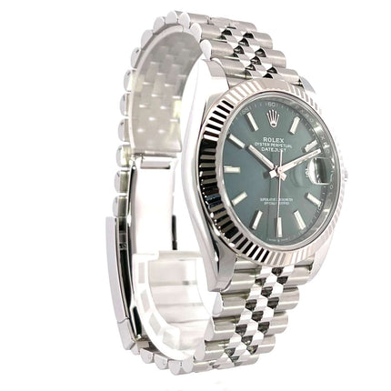 Rolex Datejust 41 Edelstahl Weißgold 126334 mit mintgrünem Zifferblatt und Jubilé-Band, poliertes und satiniertes Edelstahlgehäuse