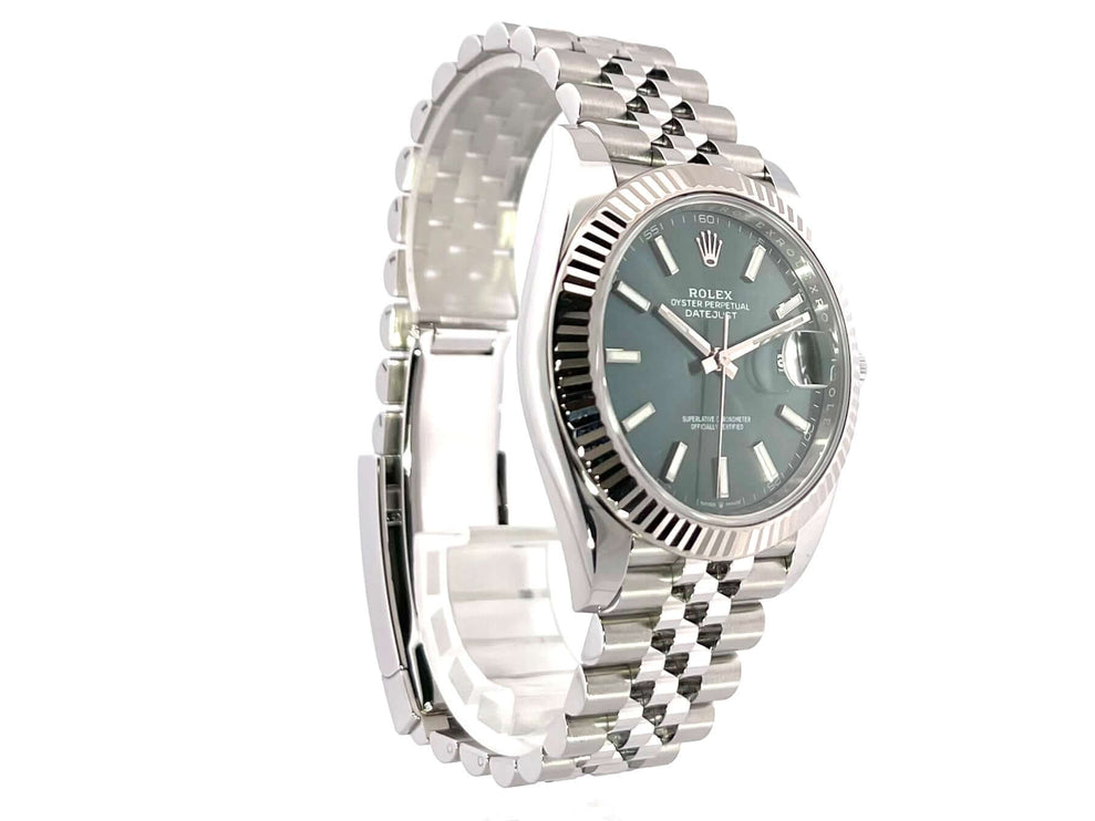 Rolex Datejust 41 Edelstahl Weißgold 126334 mit mintgrünem Zifferblatt und Jubilé-Band, poliertes und satiniertes Edelstahlgehäuse