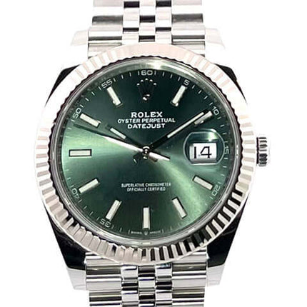 Rolex Datejust 41 Edelstahl Weißgold 126334 mit mintgrünem Zifferblatt und Jubile-Armband, poliertes und satiniertes Edelstahlgehäuse