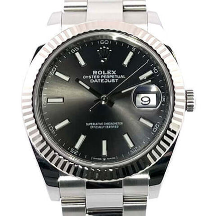 Rolex Datejust 41 Edelstahl Weißgold 126334 Rhodium, poliertes und satiniertes Edelstahlgehäuse, rhodiumfarbenes Zifferblatt, Oyster-Armband, aus 2019