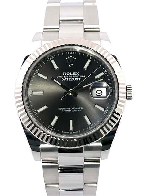 Rolex Datejust 41 Edelstahl Weißgold 126334 Rhodium, poliertes und satiniertes Edelstahlgehäuse, rhodiumfarbenes Zifferblatt, Oyster-Armband, aus 2019
