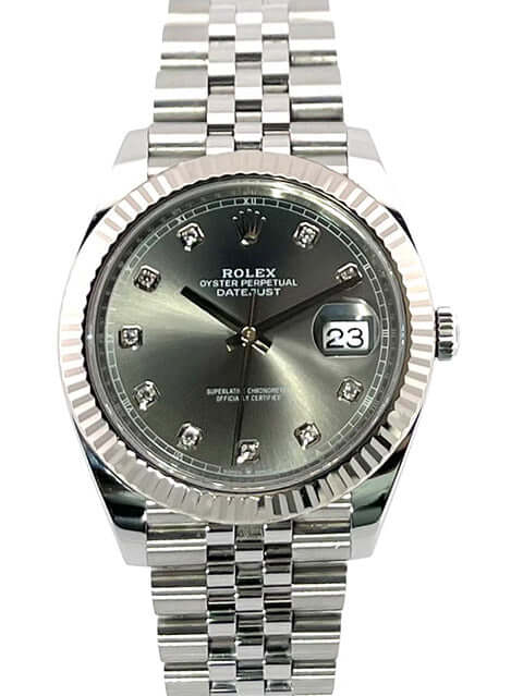 Rolex Datejust 41 Edelstahl Weißgold 126334 mit rhodiumfarbenem Zifferblatt und Diamantmarkierungen, Jubile-Band, Herrenuhr