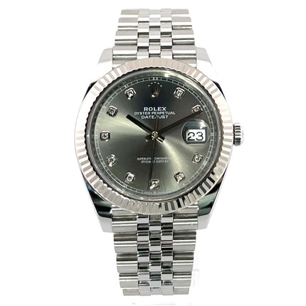 Rolex Datejust 41 Ref. 126334, Edelstahl und Weißgold, rhodiumfarbenes Diamantzifferblatt, Jubile-Edelstahlband, 41 mm
